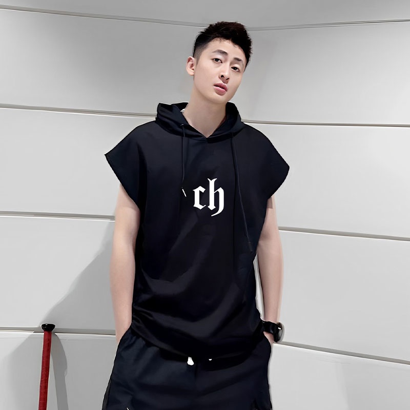 Summer Sleeveless T-Shirt for Men, Trendy Cropped Sleeve Hoodie, Thin Loose-Fitting Hooded Short-Sleeve Hip-Hop Sweatshirt