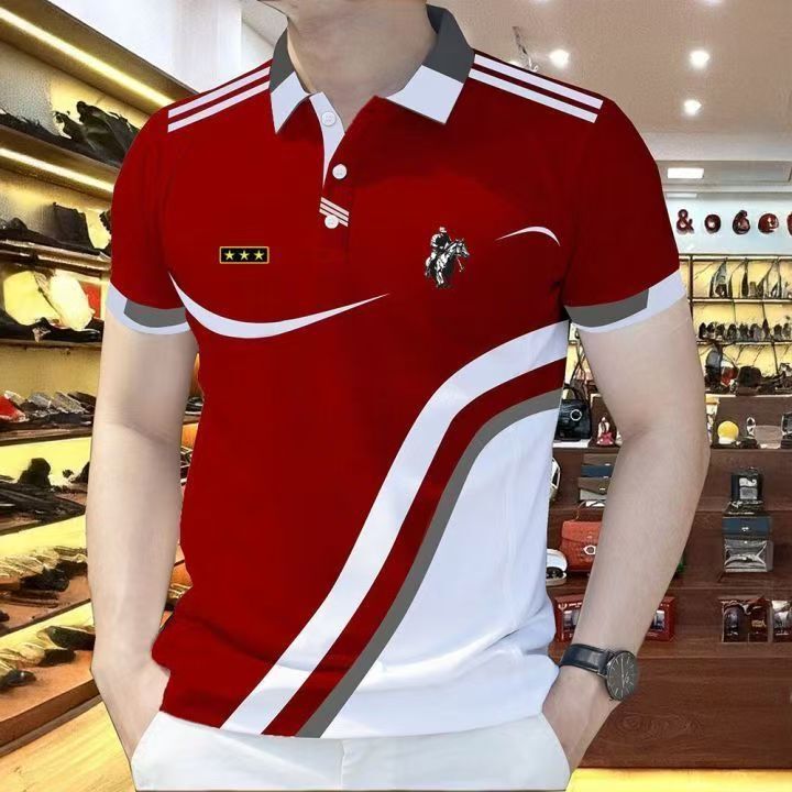 European Goods 2026 New Men's Casual Printed Lapel Polo Popular Fashion Trendy Versatile Summer Short-Sleeved Top