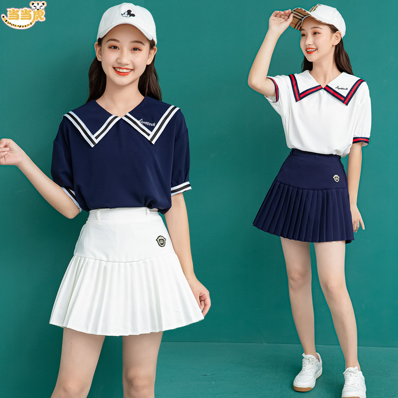 Middle school children's girls' summer clothes 2022 new girls' pleated skirt college style two-piece suit short skirt Western style