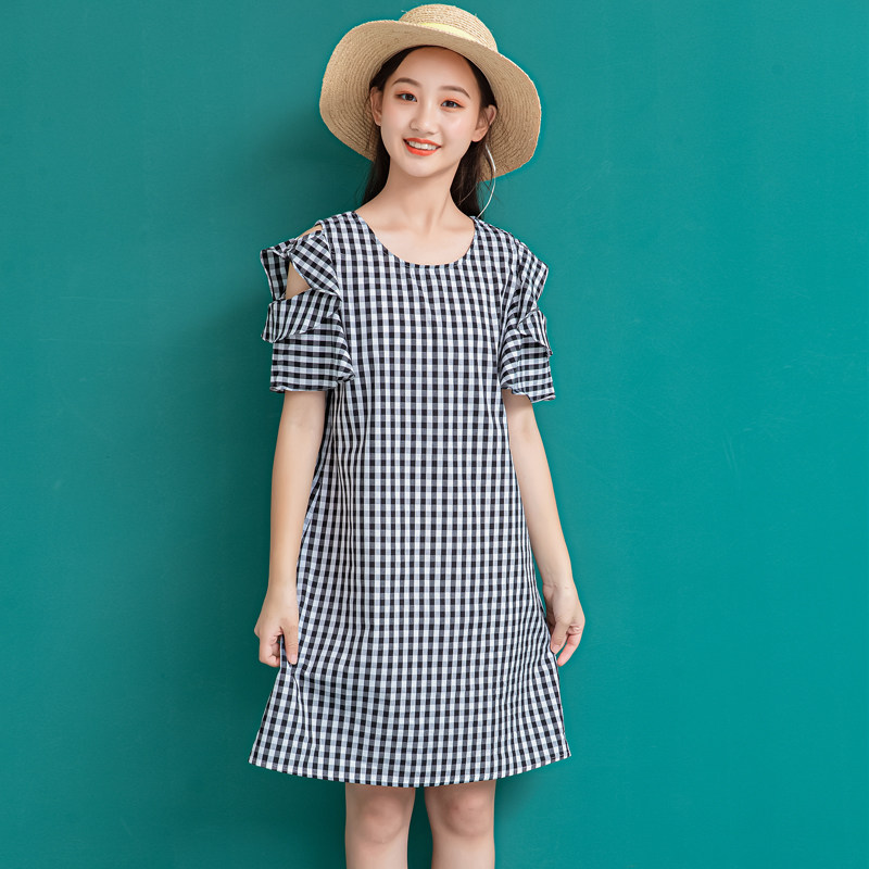 Girls' girls' summer clothes 2022 new style 12 girls 13 skirts 15 years old off-the-shoulder loose girls dress Western style