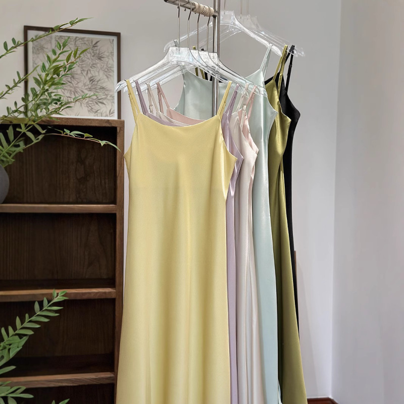New Chinese-Style Basic Versatile Acetate Slip Dress for Women, Spring and Summer, Elegant and High-End Satin Long Dress