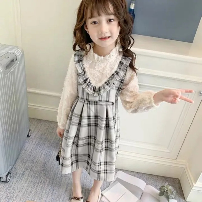 女童春装洋气格子拼接木耳边连衣裙