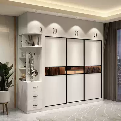 Modern minimalist wardrobe sliding door home bedroom small apartment cabinet combination sliding door white wooden storage wardrobe
