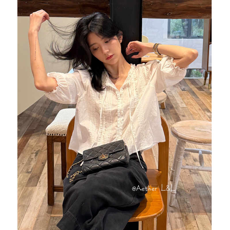 Aetherll White Ruffled Blouse for Women, Summer French Style Tie-Up Short Slimming Shirt Top A1434 Aetherll White Ruffled Blouse for Women, Summer French Style Tie-Up Short Slimming Shirt Top A1434