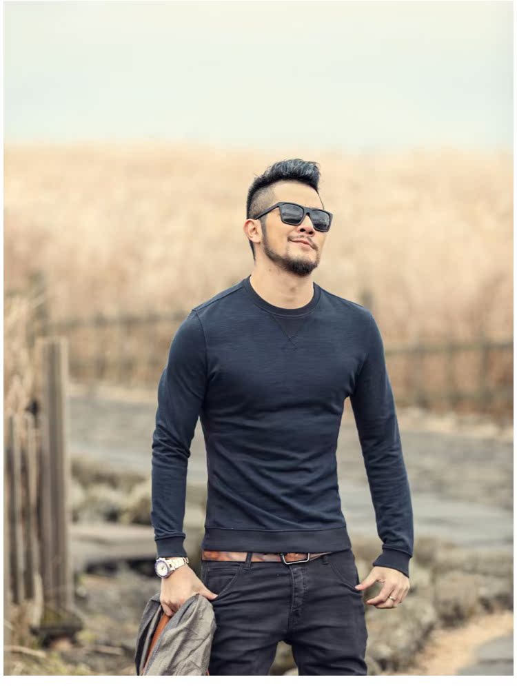 Mùa thu và mùa đông mới kết cấu áo len cotton thủy triều nam Slim áo len cổ tròn Đầu nam áo len màu rắn áo hoodie đẹp