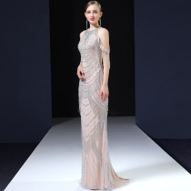 Halter neck nail diamond evening dress female 2021 new banquet annual meeting atmosphere queen temperament slim fashion tail section