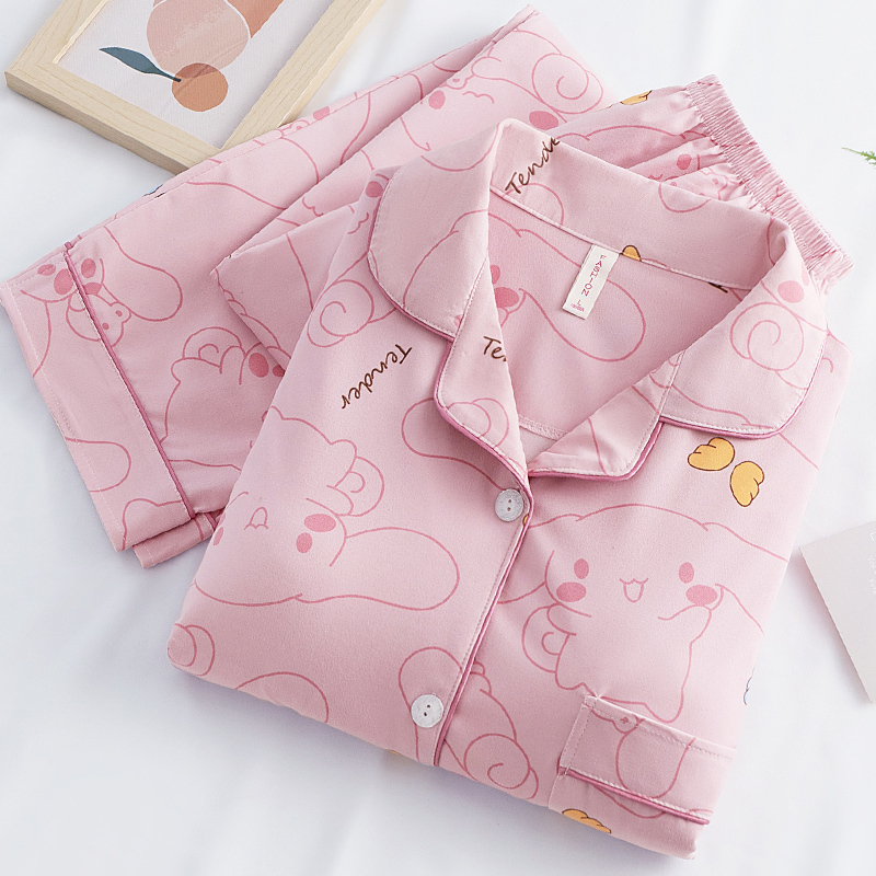 Women's Long-Sleeved Pajamas with Built-In Bra Pads, Spring and Autumn Pure Cotton Two-Piece Set, All-Cotton Autumn Cute Cardigan Loungewear