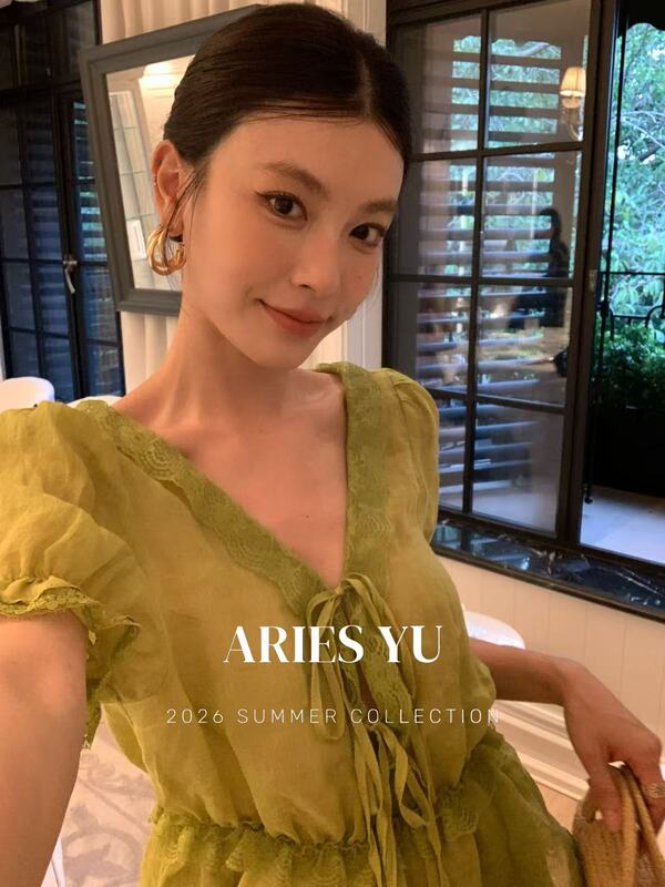 Yuui【Breeze Jasmine Green】High-Quality 100% Ramie Lace Trim Tie V-Neck Short-Sleeve Top 4.19