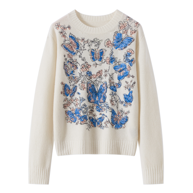 Cashmere Knit Sweater for Women, Embroidered Heavy-Duty Blue Butterfly Wool Sweater, Loose Casual Pullover Sweater for Autumn and Winter, Thick