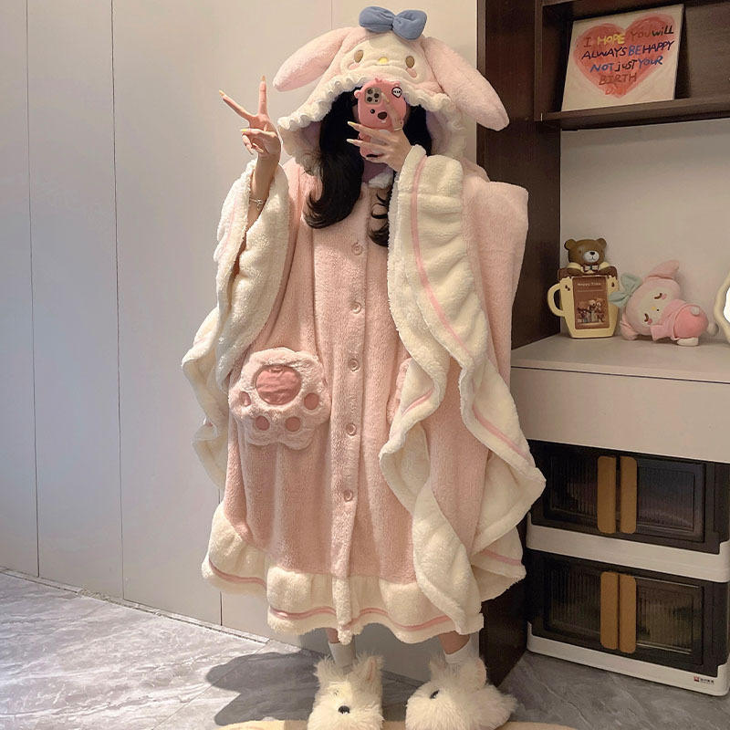 Meile Rabbit Cartoon Coral Fleece Hooded Robe Women's Autumn and Winter Warm Cape Homewear Can Be Worn Outside Meile Rabbit Cartoon Coral Fleece Hooded Robe Women's Autumn and Winter Warm Cape Homewear Can Be Worn Outside