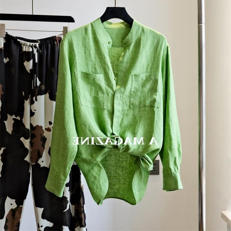 2025 Autumn New Style Draped Soft Linen Fresh Grass Green Comfortable Long Sleeve Shirt Loose Casual Top for Women