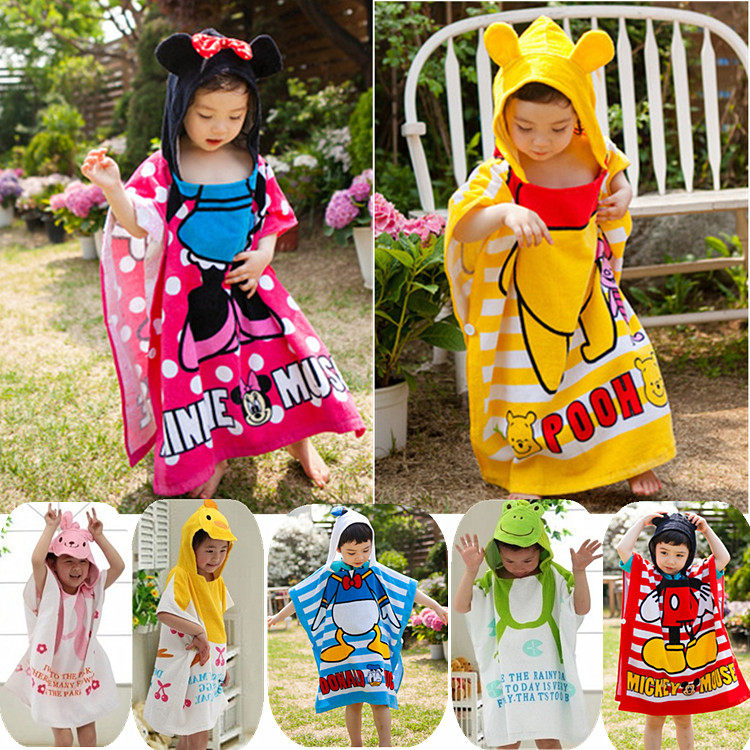 Cartoon children's bath towel pure cotton towel material hooded cloak baby cape beach towel big children's bathrobe bathrobe absorbent