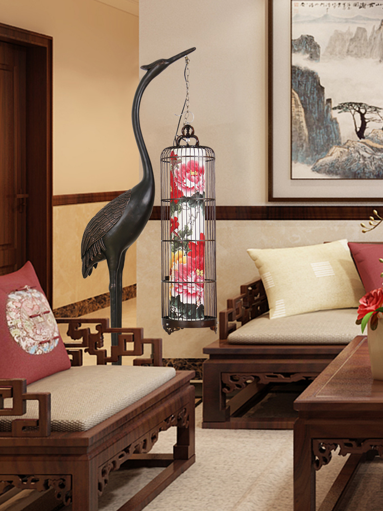 New Chinese style Modern classical floor lamp Hotel coffee table Eyelash beauty Mahjong bird cage Vertical crane Retro lamp