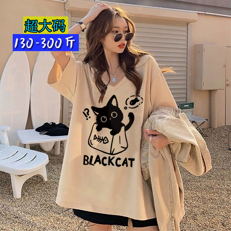 200 Pounds 150kg Extra Large Size V-Neck Short-Sleeved T-Shirt for Women, Summer, Plus-Size, Loose, Slimming, Belly-Covering Cartoon Top