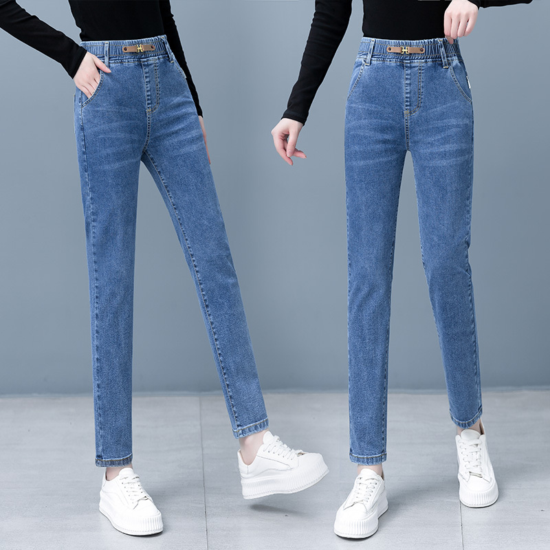 Spring and Summer High-Waisted Elastic Waist Jeans for Middle-Aged Women 2026 New Thin Stretchy Slim-Fit Skinny Pants
