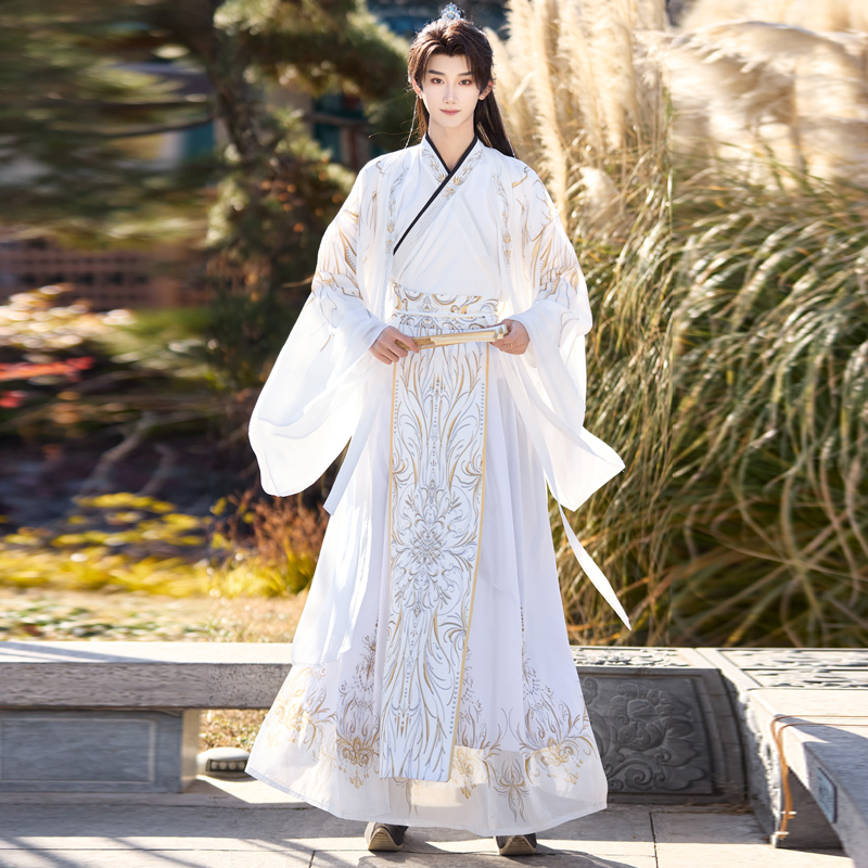 Wei and Jin Dynasty Fairy-Style Hanfu Men's Martial Arts Gentleman Costume, Chinese-Style White Super Fairy-Like Cross-Collar Robe, Ancient Style Suit