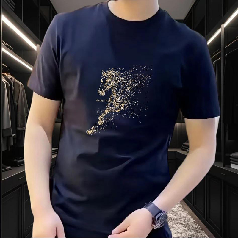 2026 New Large Size Everyday Short-Sleeve Heavyweight Pure Cotton Crew Neck T-Shirt, Light Luxury Designer Men's Style for the Year of the Horse