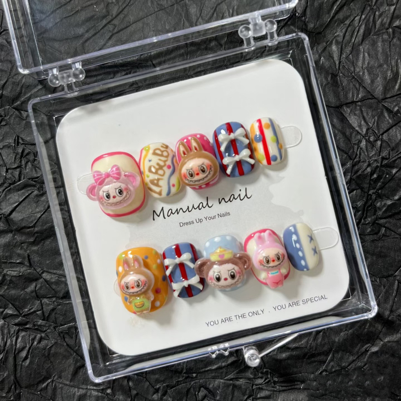 Popular Labubu Wearable Nail Art Finished Product, Cute Cartoon Girl Short Style Nail Stickers, Finished Product, Removable Fake Nails