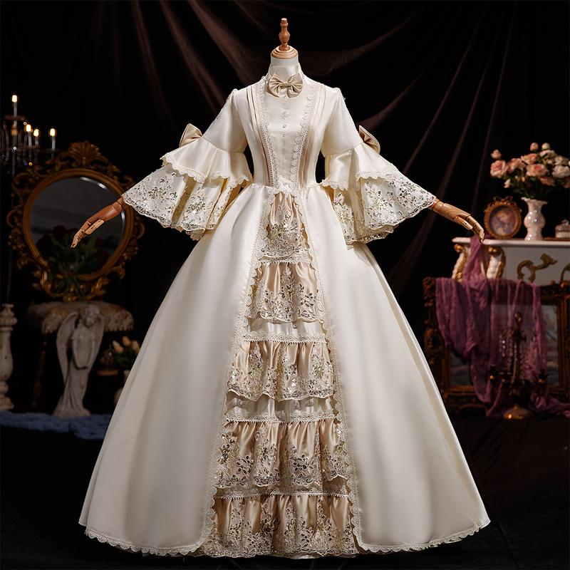 Champagne-Colored Stand-Up Collar Medieval European Royal Court Princess Dress Juliet Masquerade Drama Performance Dress