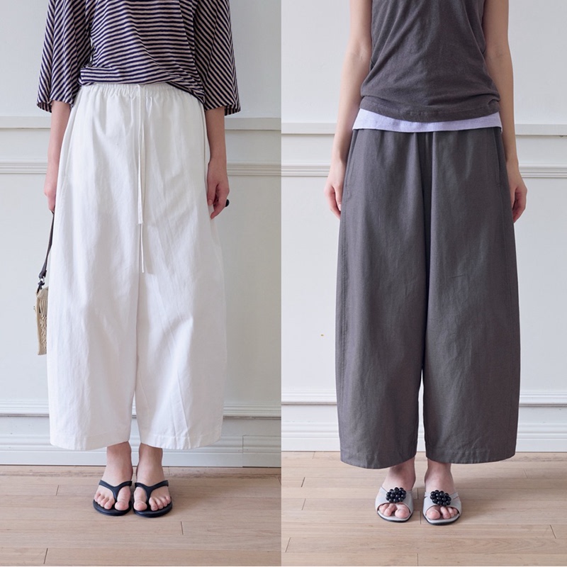 Something Retro Double Yarn Coarse Twill Cotton Full Elastic Waist Loose Wide-Leg Pants 2 Colors