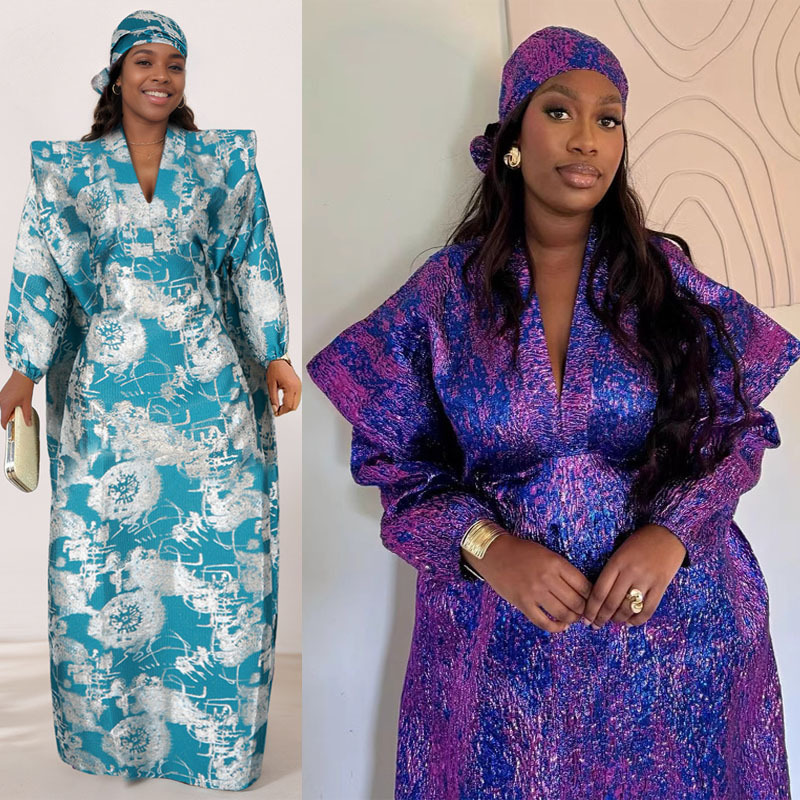 2026 Cross-Border Jacquard Fabric Glossy Loose Fit Cross-Border Foreign Trade African Women's Plus Size Long Dress Dresses