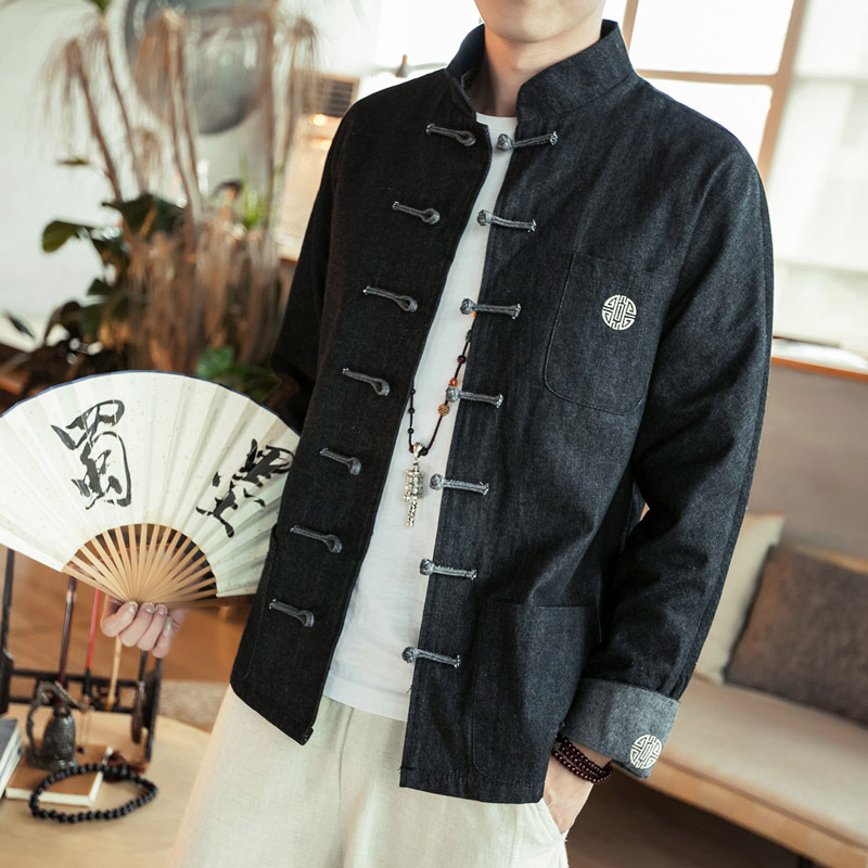 Antique jeans jacket men&apos;s clothes stand collar and button-down Tang clothes jacket for young and middle-aged people to add fat and increase jacket