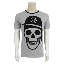 Special 990-P Summer Mens Short Sleeve T-Shirt Chest Skull Design Cotton Grey