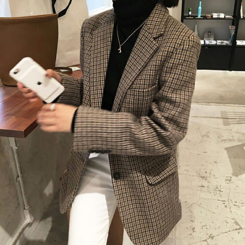 2022 Spring autumn new large size small suit woman fat mm200 catty long version of the slim retro plaid western suit jacket