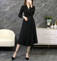 Large size womens black pleated suit dress female fat sister 200 pounds high waist thin wrap dress autumn