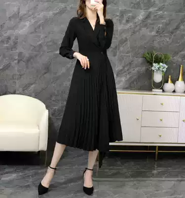 Large size women's black pleated suit dress female fat sister 200kg high waist thin wrap dress autumn