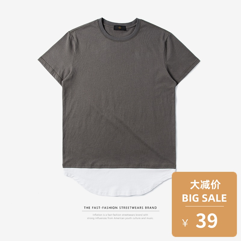 Spring and summer trendy brand European and American fashion fake two-piece short-sleeved stitching contrast color lengthened cotton round neck t-shirt men's bottoming shirt