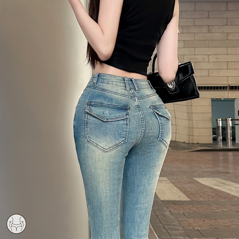 Sexy V-Waist Hip-Enhancing Jeans for Women, Stretchy Tight-Fitting Butt-Lifting Flared Pants, Spring and Autumn Washed Pocket Design Bell-Bottom Pants