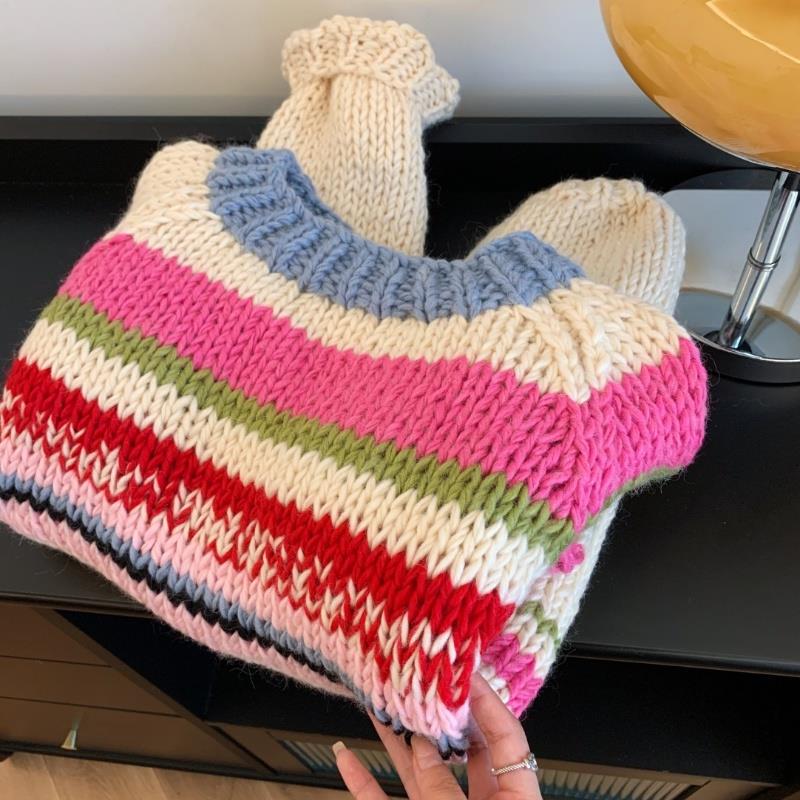 The Store Has Withdrawn the Cut-Label French Retro Rainbow Striped Sweater for Women, New Winter Style, Lazy Style, Loose Knit Top