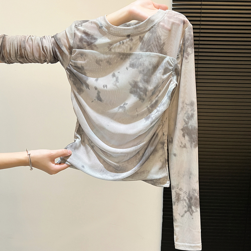 Recommended for Personal Collection~ Ink Tie-Dye Mesh Sun Protection Blouse for Women, New Autumn Style, Light and Slightly Sheer Base Shirt for Trendy Girls Recommended for Personal Collection~ Ink Tie-Dye Mesh Sun Protection Blouse for Women, New Autumn Style, Light and Slightly Sheer Base Shirt for Trendy Girls