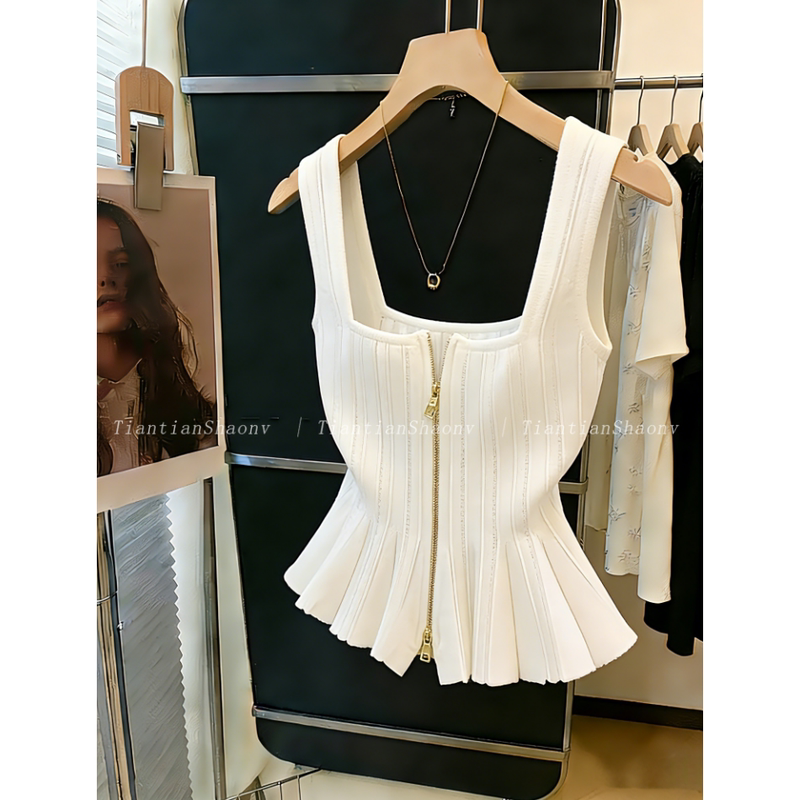 Recommended for Personal Collection~ Stylish Double-Zip Square-Neck Sleeveless Knit Vest for Women, Summer Style with Cinched Waist and Skirt Hem Top