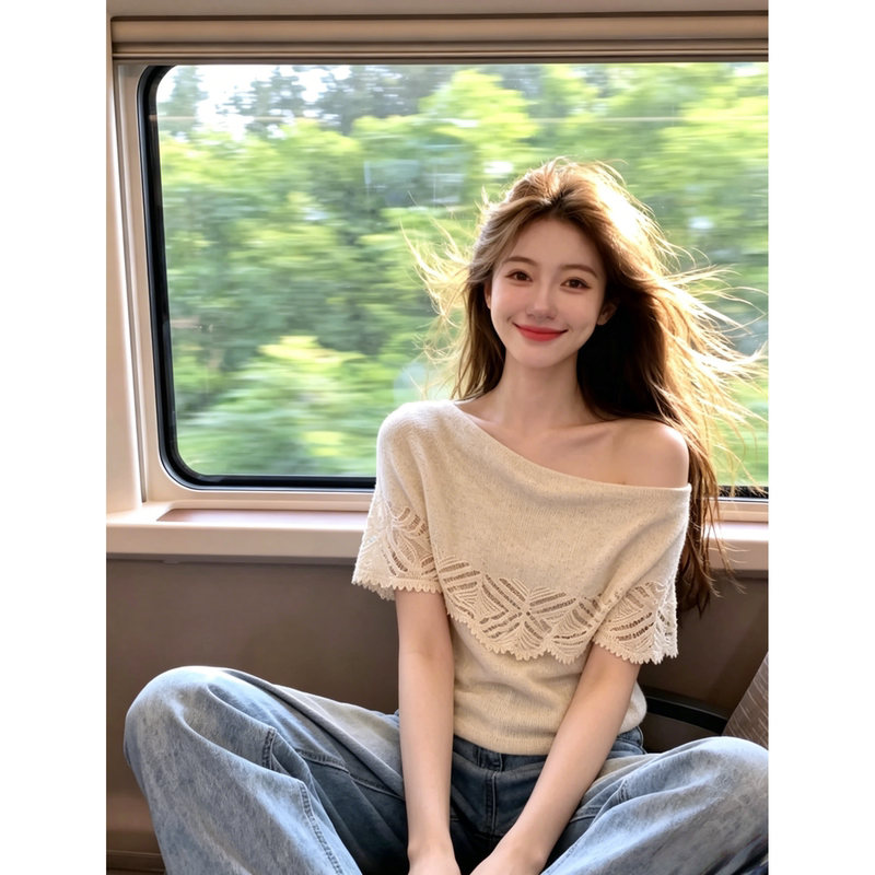 Recommended for Personal Collection~ Hollow Lace Off-Shoulder Knit Top for Women, New Summer Style, Super Pretty and Slimming