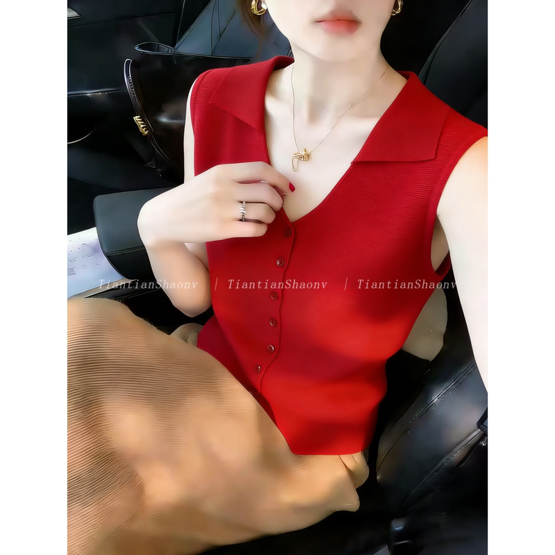 Recommended for Personal Collection~ High-End Red Collared Knitted Vest for Women, New Summer Style, Elegant, Slim-Fitting, Age-Reducing Top