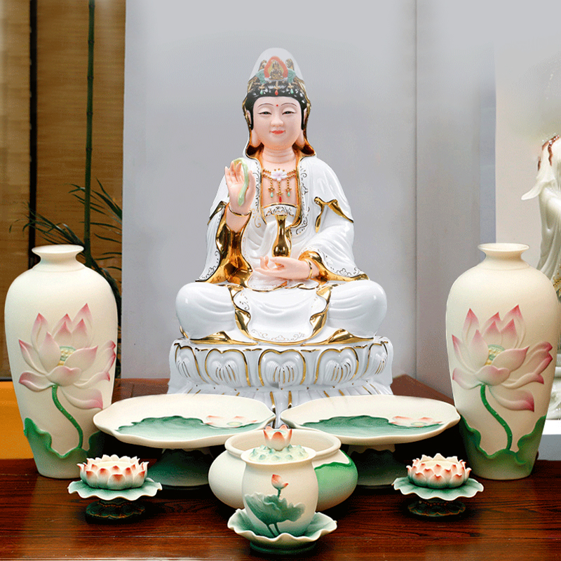 Home Buddha Hall for a Buddhist Bodhisattva ceramic painted reliquary lotus scented stove for a pan water supply cup vase candle holder complete set-Taobao