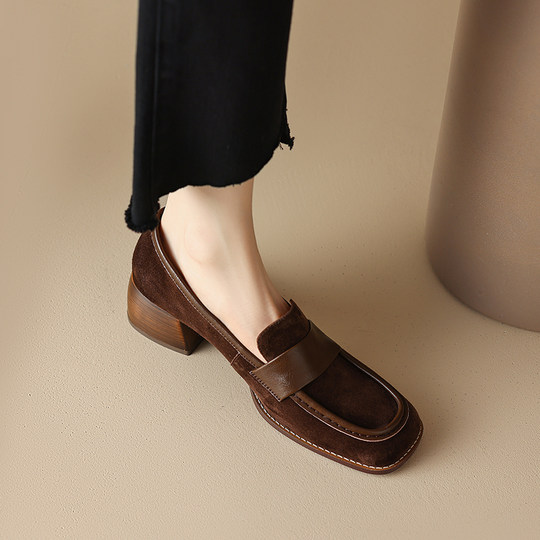 鹿与森林复古粗跟磨砂真皮乐福鞋女2023年春秋新款方头英伦风单鞋