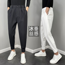 Leg-tie trousers mens summer thin nine-point casual trousers Harlan ice silk trousers mens trendy enlarged and fat suit trousers