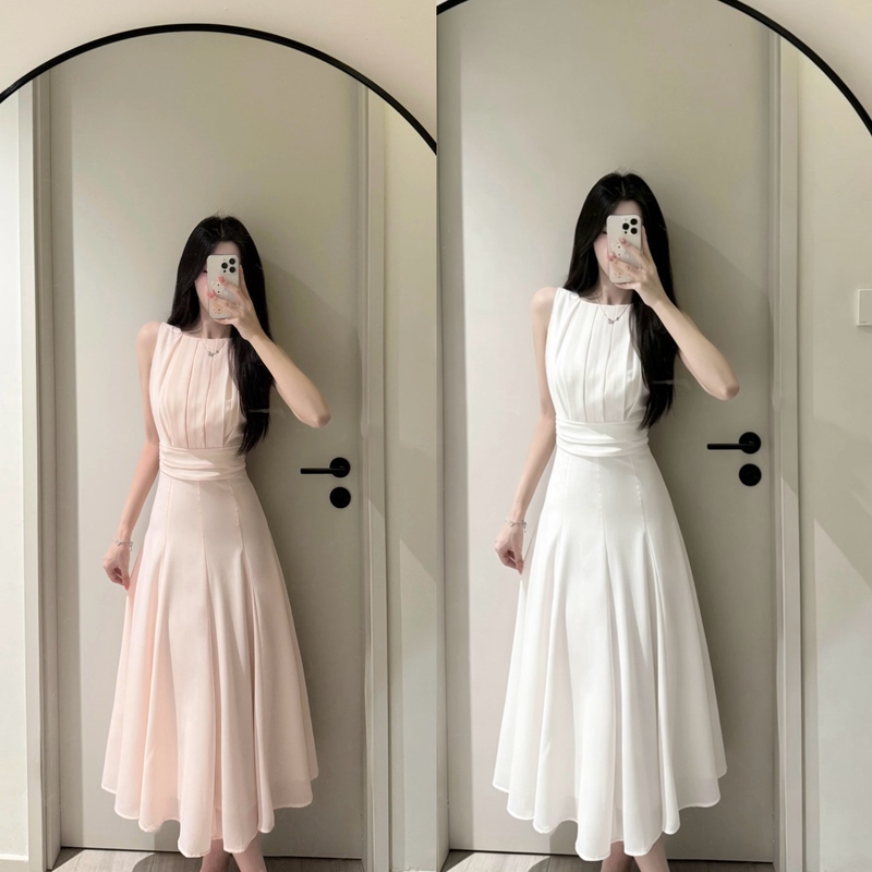 Soft Little Aba~ Pink and White Dreamy Dress with a Goddess Vibe, Hourglass Silhouette, Large Skirt, Long Dress