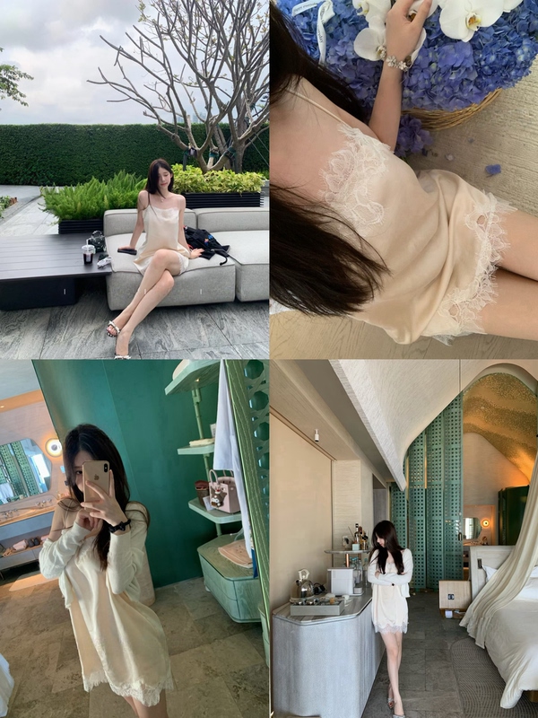 Soft Little Aba~Htt/「Sheep Fat Jade」Pseudo-Acetate Fixed-Dye Lace Splicing Adjustable Strap Dress Soft Little Aba~Htt/「Sheep Fat Jade」Pseudo-Acetate Fixed-Dye Lace Splicing Adjustable Strap Dress