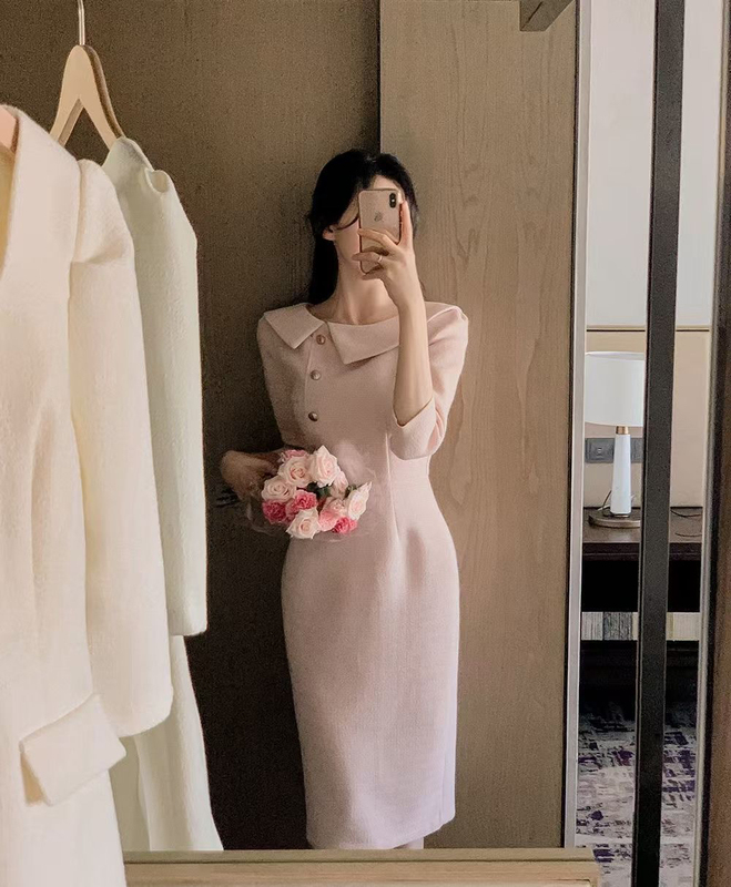 Soft Little Aba~ Korean Fa* Gentle Sister Elegant Slim-Fit Pink Dress Soft Little Aba~ Korean Fa* Gentle Sister Elegant Slim-Fit Pink Dress