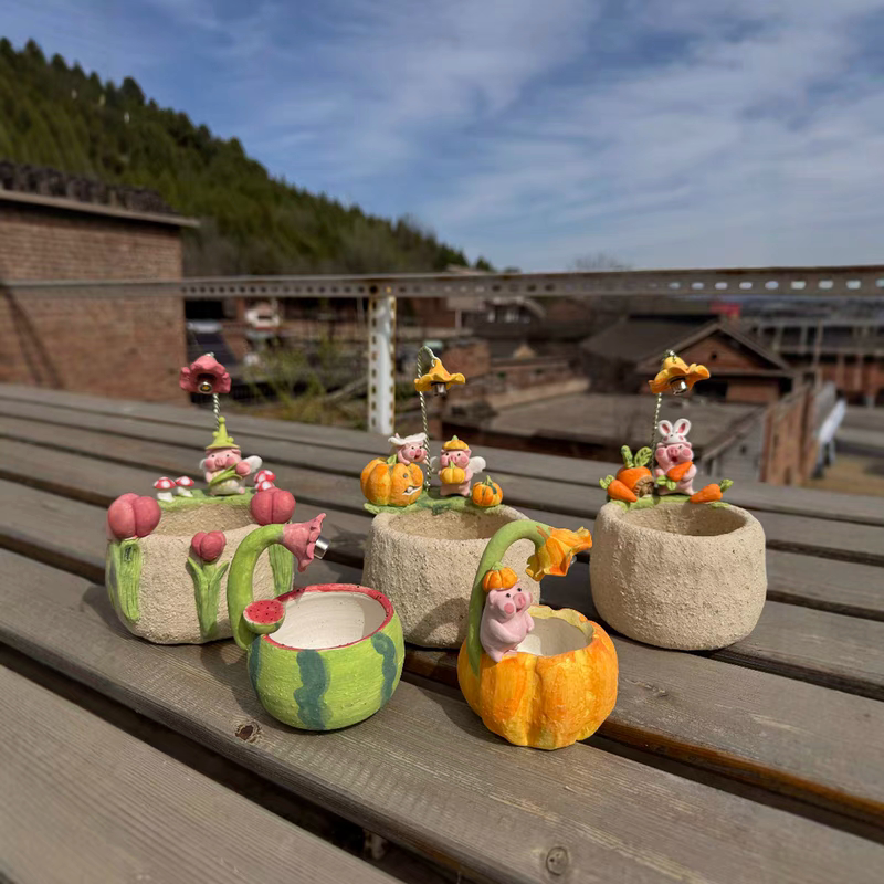 Cat Cartoon Pig Pork Cone Succulent Flower Pot Jingdezhen Handmade Internet Celebrity Lighted Wheat Rice Stone Breathable Stoneware