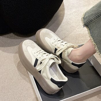 Genuine Leather Training Shoes for Women, 2024 Spring and Autumn New Thick-Soled White Shoes, Retro Casual Sneakers, Sports Board Shoes