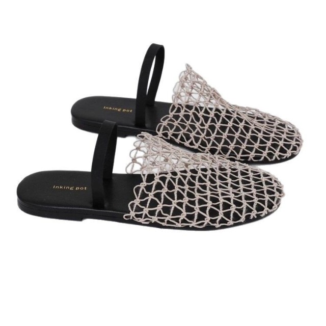 Open-Toe Sandals with Fishnet Back Strap, Flat Roman-Style Shoes, 2025 Summer New Hollow-Out Comfortable Beach Mules