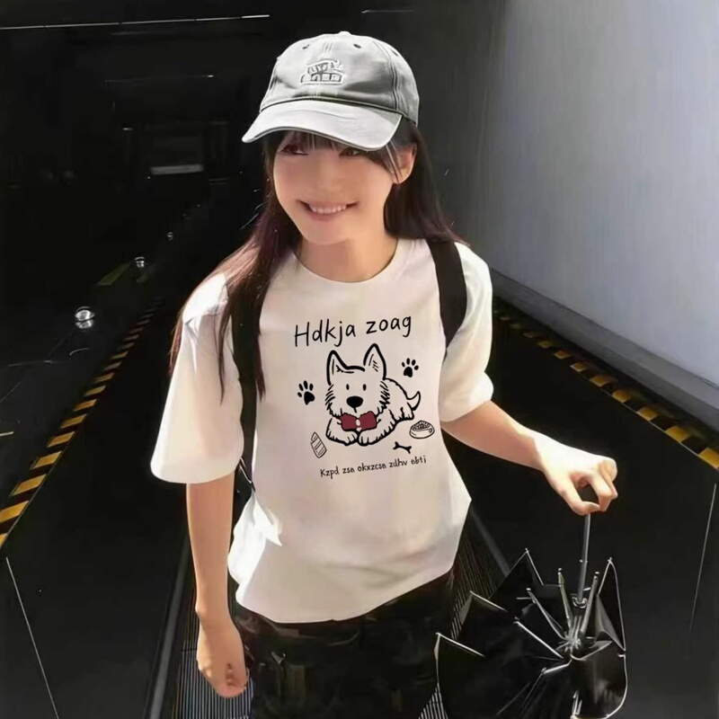 2026 New Summer Pure Cotton White Animal Pattern Short-Sleeve T-Shirt for Women with a Stylish American-Style Loose Fit