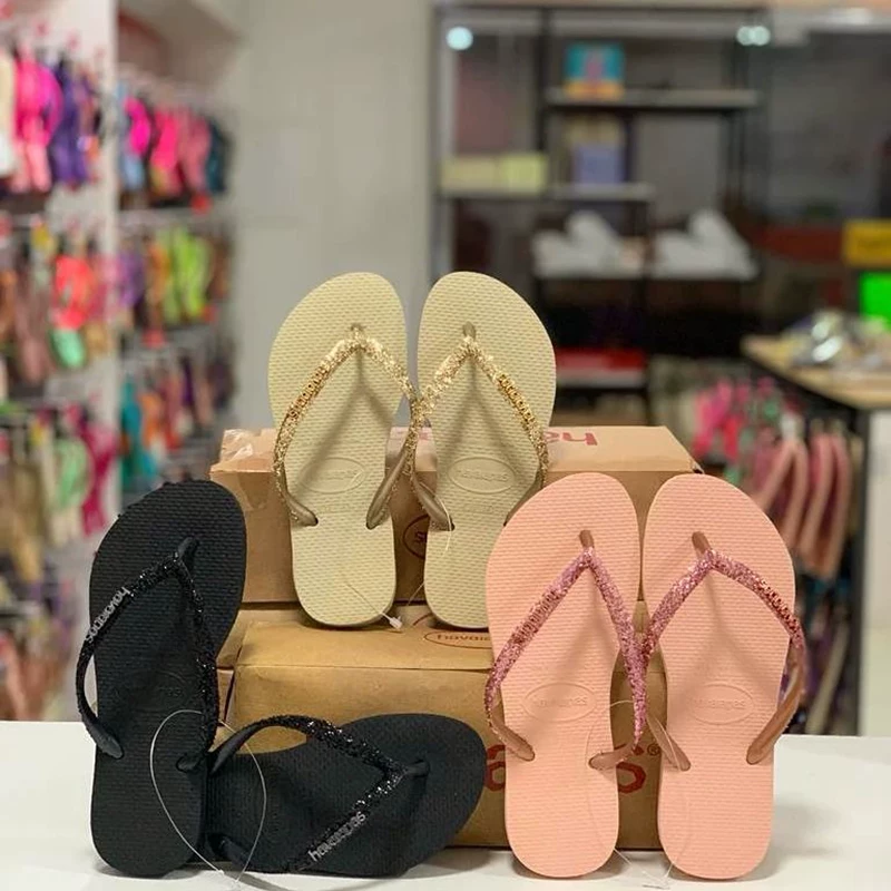 Бразильские слипоны Havaianas с блестками, slim Havana, шлепанцы для женщин, нескользящие тапочки для ванной, сандалии-уголок