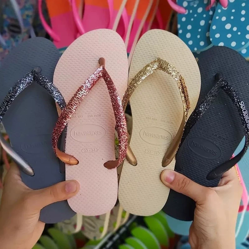 Бразильские слипоны Havaianas с блестками, slim Havana, шлепанцы для женщин, нескользящие тапочки для ванной, сандалии-уголок