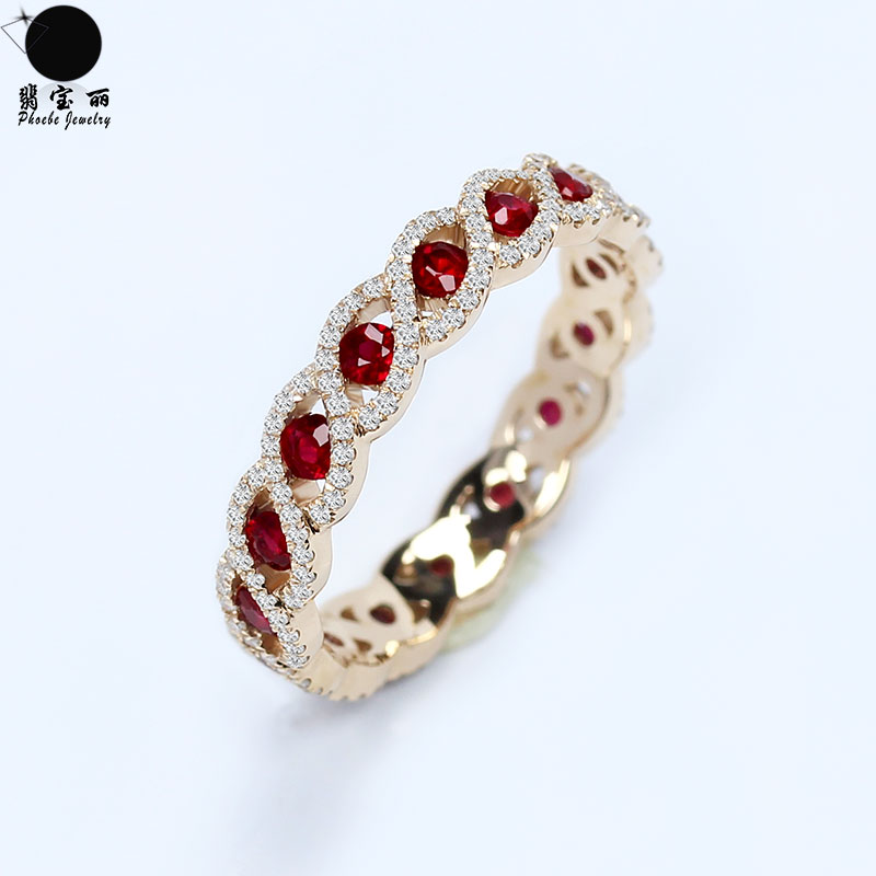 18K rose gold natural pigeon blood ruby ​​star row ring color gold full circle diamond your eye ring female